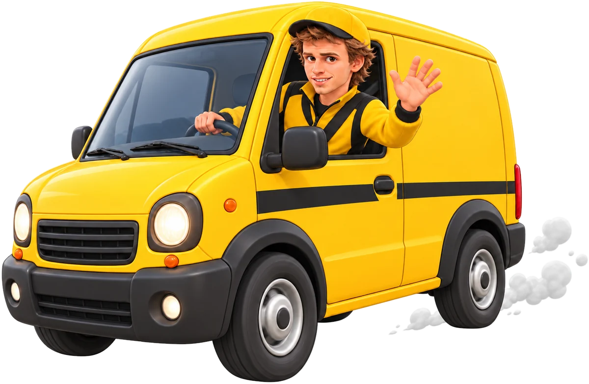 Poldi winkt aus seinem gelben Postauto